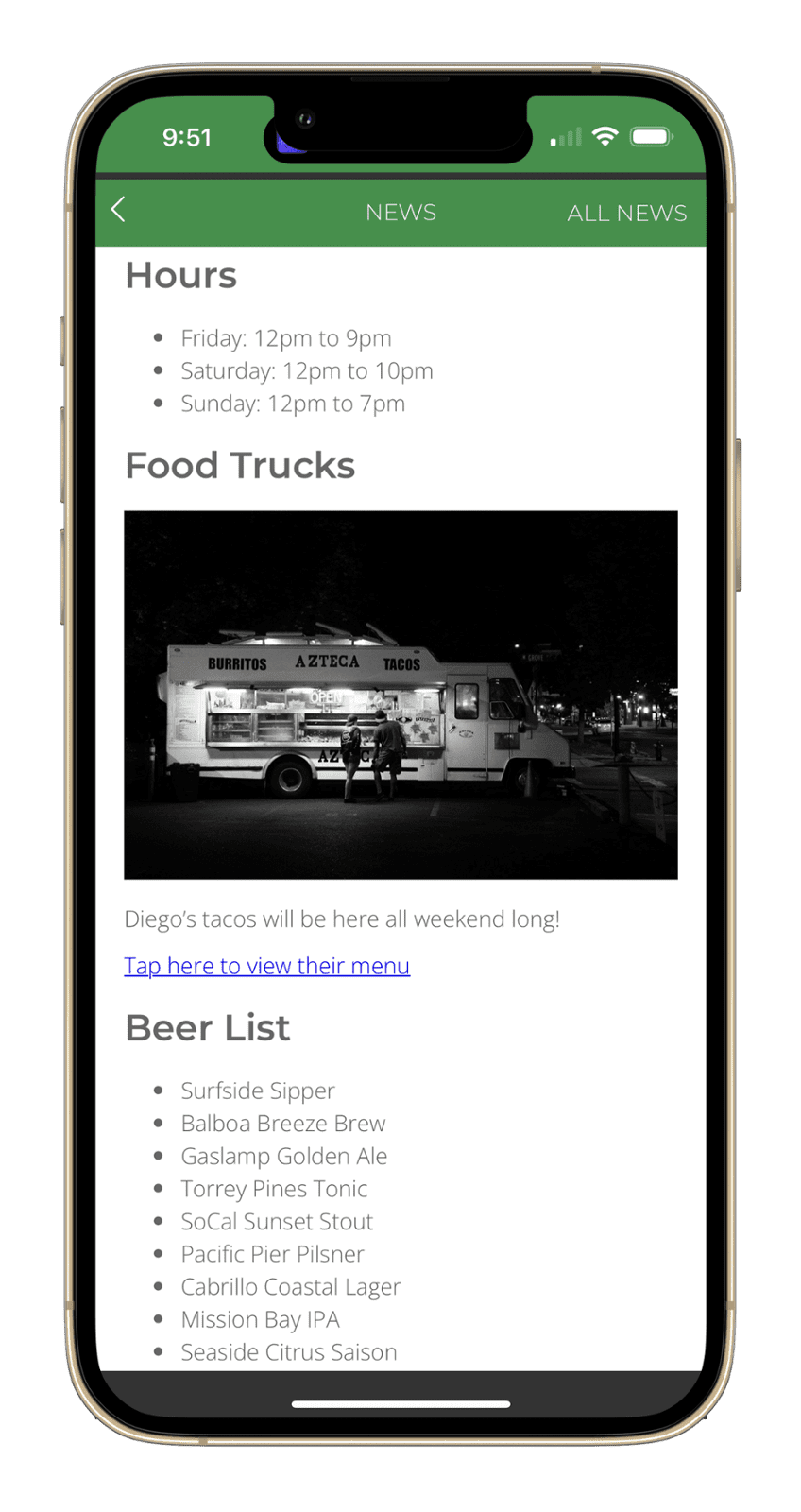 Brewery App, Showing News Item with Today's Updates